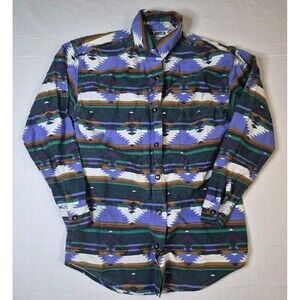 VTG Red Rover Shirt Womens Small Blue Aztec Button Up Long Sleeve Southwestern